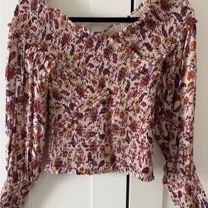 BB Dakota Ruched Floral Dress with Purple and Orange Accents